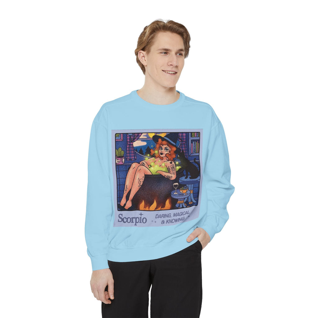 Halloween Sweater Scorpio Sweatshirt | Garment - Dyed Cozy Top, Astrology Gift, Zodiac Apparel, Witchy Fashion, Fall Wardrobe Essential - Metamorphosis Creations