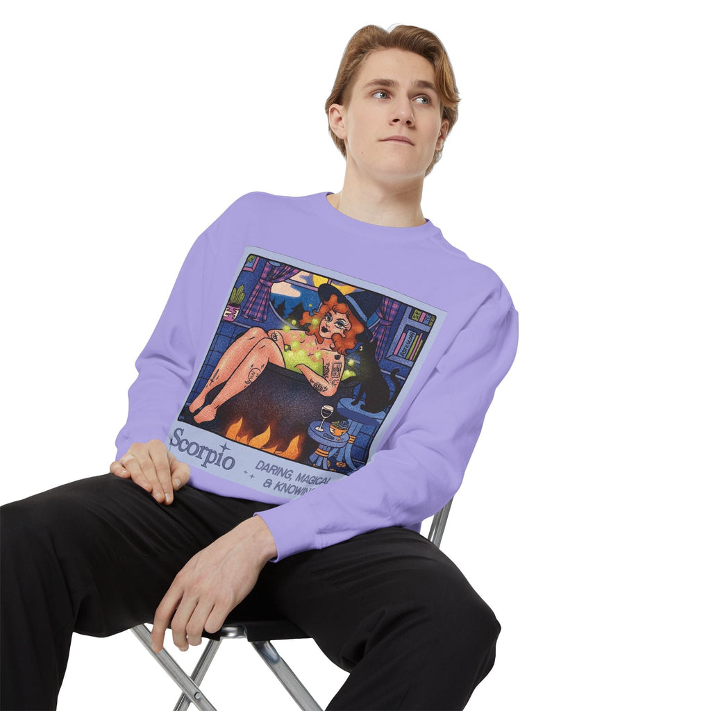 Halloween Sweater Scorpio Sweatshirt | Garment - Dyed Cozy Top, Astrology Gift, Zodiac Apparel, Witchy Fashion, Fall Wardrobe Essential - Metamorphosis Creations