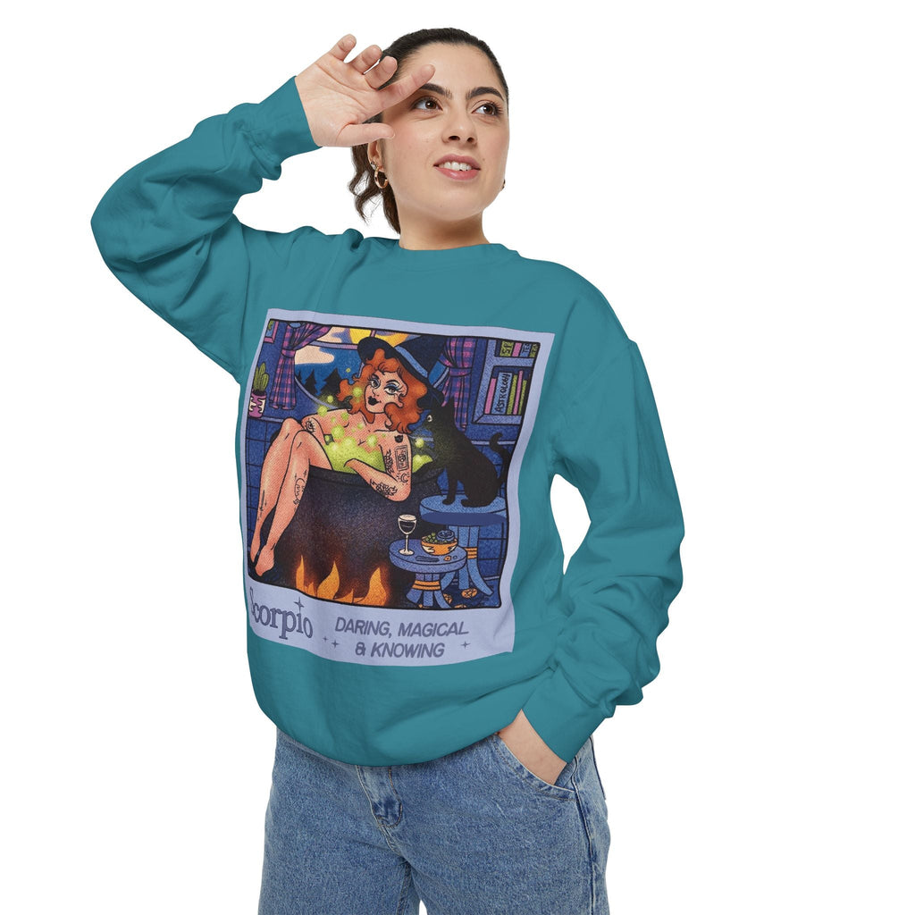 Halloween Sweater Scorpio Sweatshirt | Garment - Dyed Cozy Top, Astrology Gift, Zodiac Apparel, Witchy Fashion, Fall Wardrobe Essential - Metamorphosis Creations
