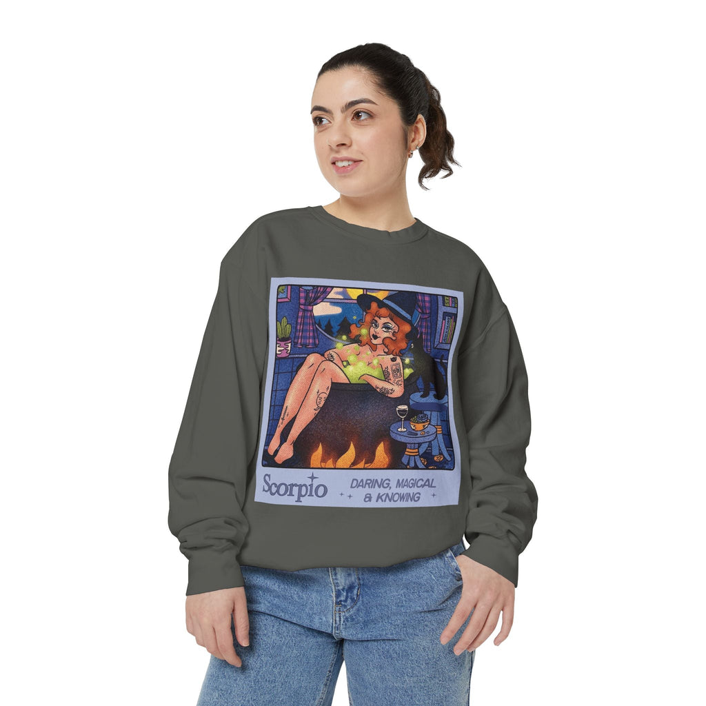 Halloween Sweater Scorpio Sweatshirt | Garment - Dyed Cozy Top, Astrology Gift, Zodiac Apparel, Witchy Fashion, Fall Wardrobe Essential - Metamorphosis Creations
