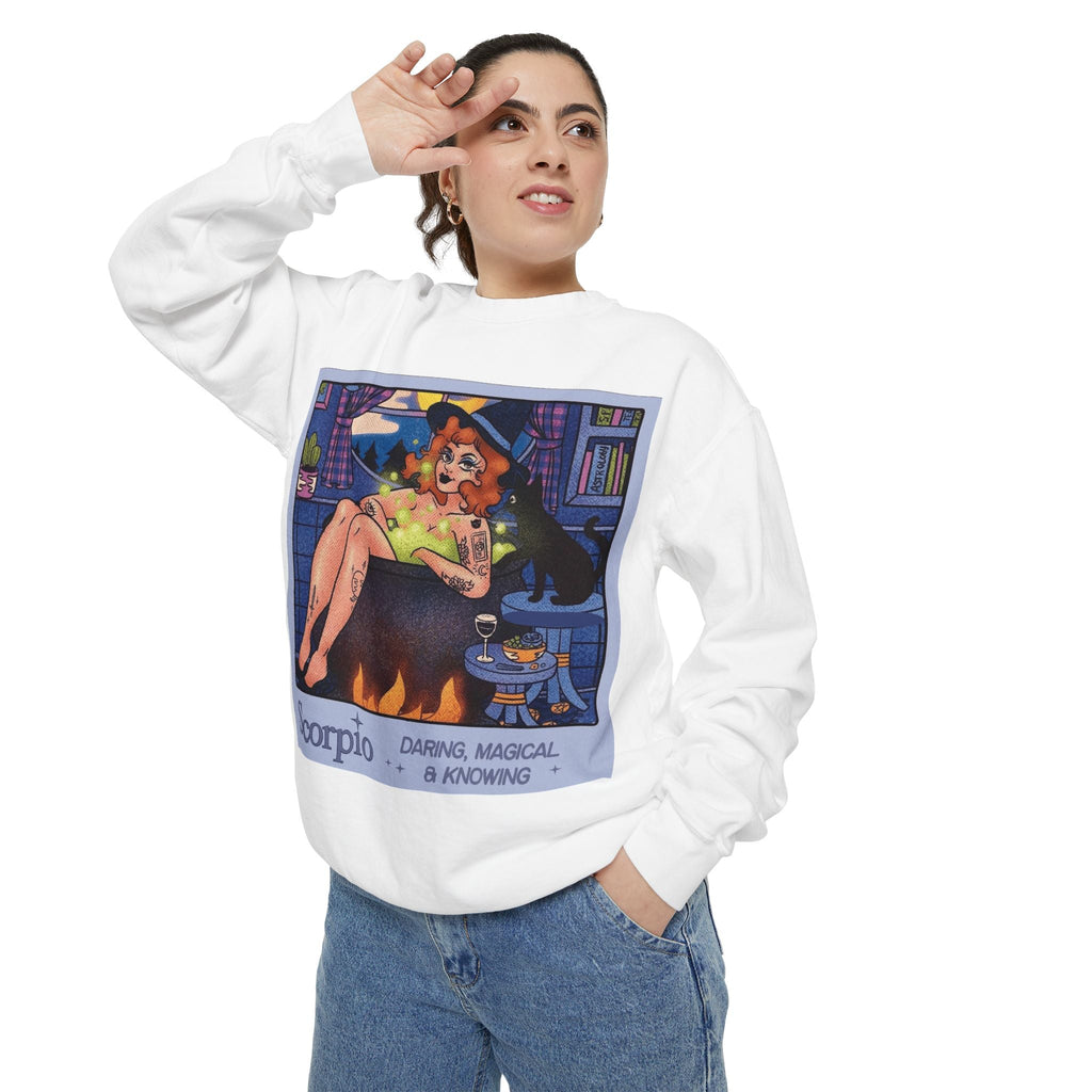 Halloween Sweater Scorpio Sweatshirt | Garment - Dyed Cozy Top, Astrology Gift, Zodiac Apparel, Witchy Fashion, Fall Wardrobe Essential - Metamorphosis Creations