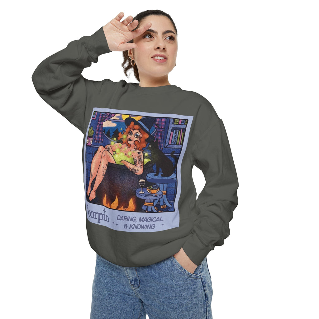 Halloween Sweater Scorpio Sweatshirt | Garment - Dyed Cozy Top, Astrology Gift, Zodiac Apparel, Witchy Fashion, Fall Wardrobe Essential - Metamorphosis Creations