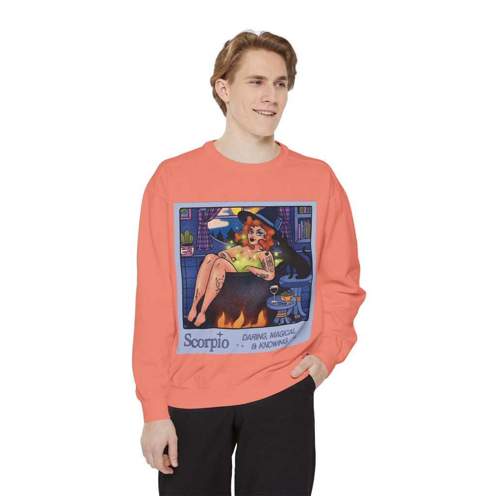 Halloween Sweater Scorpio Sweatshirt | Garment - Dyed Cozy Top, Astrology Gift, Zodiac Apparel, Witchy Fashion, Fall Wardrobe Essential - Metamorphosis Creations