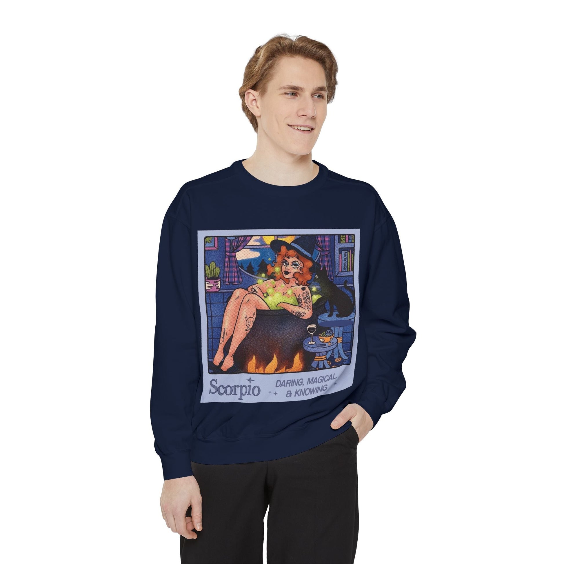 Halloween Sweater Scorpio Sweatshirt | Garment - Dyed Cozy Top, Astrology Gift, Zodiac Apparel, Witchy Fashion, Fall Wardrobe Essential - Metamorphosis Creations