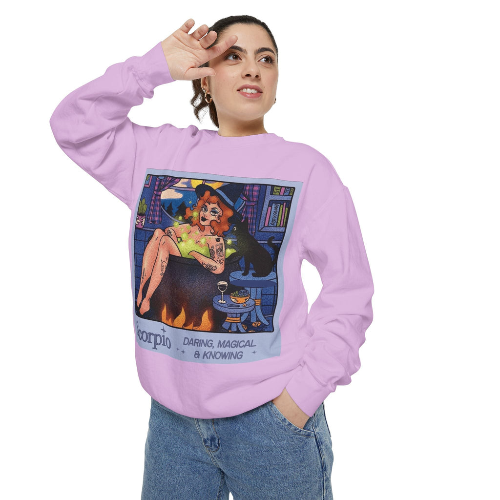 Halloween Sweater Scorpio Sweatshirt | Garment - Dyed Cozy Top, Astrology Gift, Zodiac Apparel, Witchy Fashion, Fall Wardrobe Essential - Metamorphosis Creations
