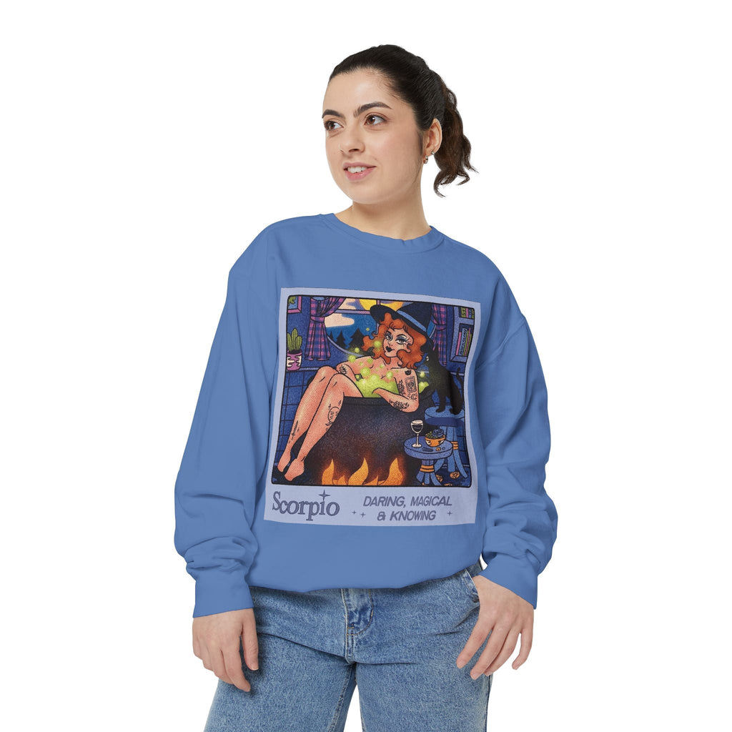Halloween Sweater Scorpio Sweatshirt | Garment - Dyed Cozy Top, Astrology Gift, Zodiac Apparel, Witchy Fashion, Fall Wardrobe Essential - Metamorphosis Creations