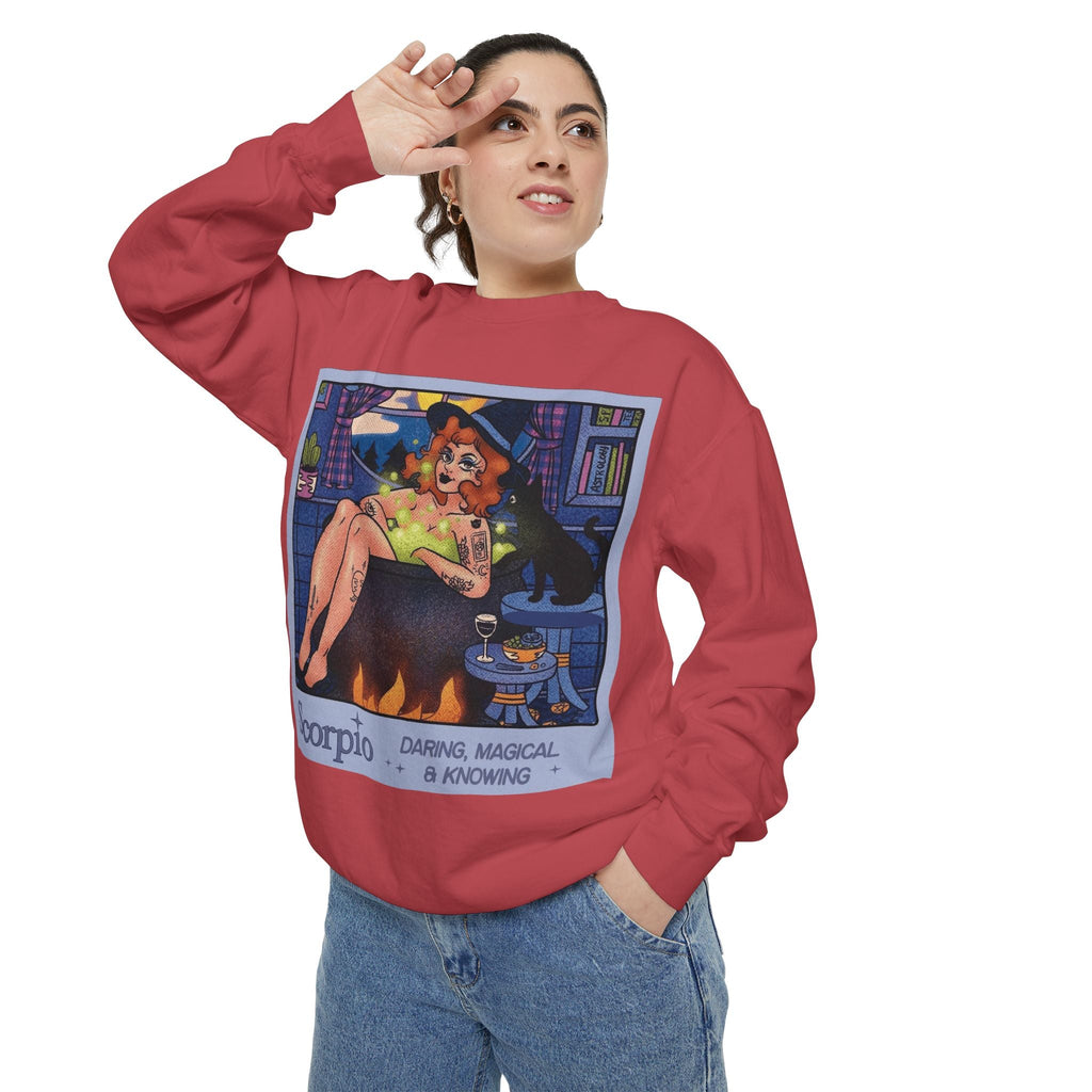 Halloween Sweater Scorpio Sweatshirt | Garment - Dyed Cozy Top, Astrology Gift, Zodiac Apparel, Witchy Fashion, Fall Wardrobe Essential - Metamorphosis Creations