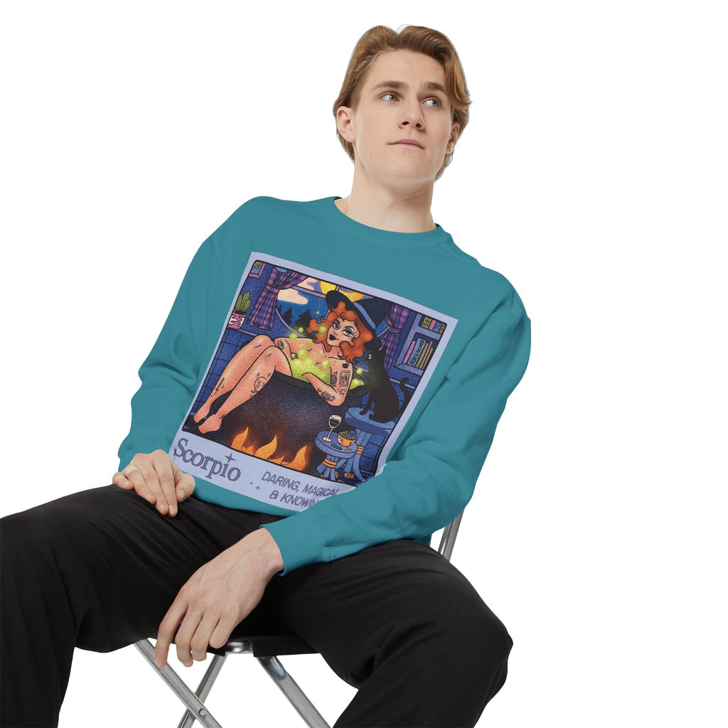 Halloween Sweater Scorpio Sweatshirt | Garment - Dyed Cozy Top, Astrology Gift, Zodiac Apparel, Witchy Fashion, Fall Wardrobe Essential - Metamorphosis Creations