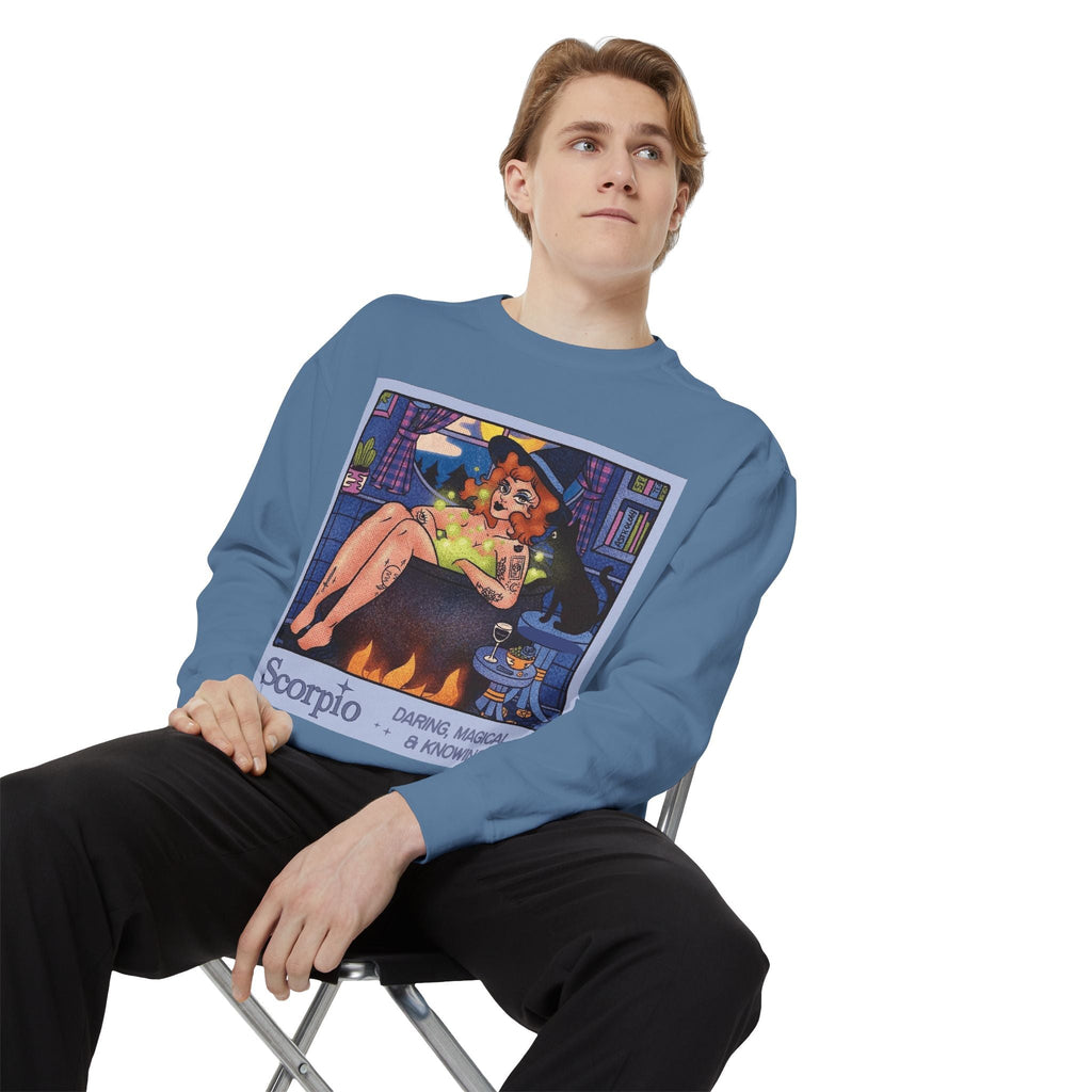 Halloween Sweater Scorpio Sweatshirt | Garment - Dyed Cozy Top, Astrology Gift, Zodiac Apparel, Witchy Fashion, Fall Wardrobe Essential - Metamorphosis Creations