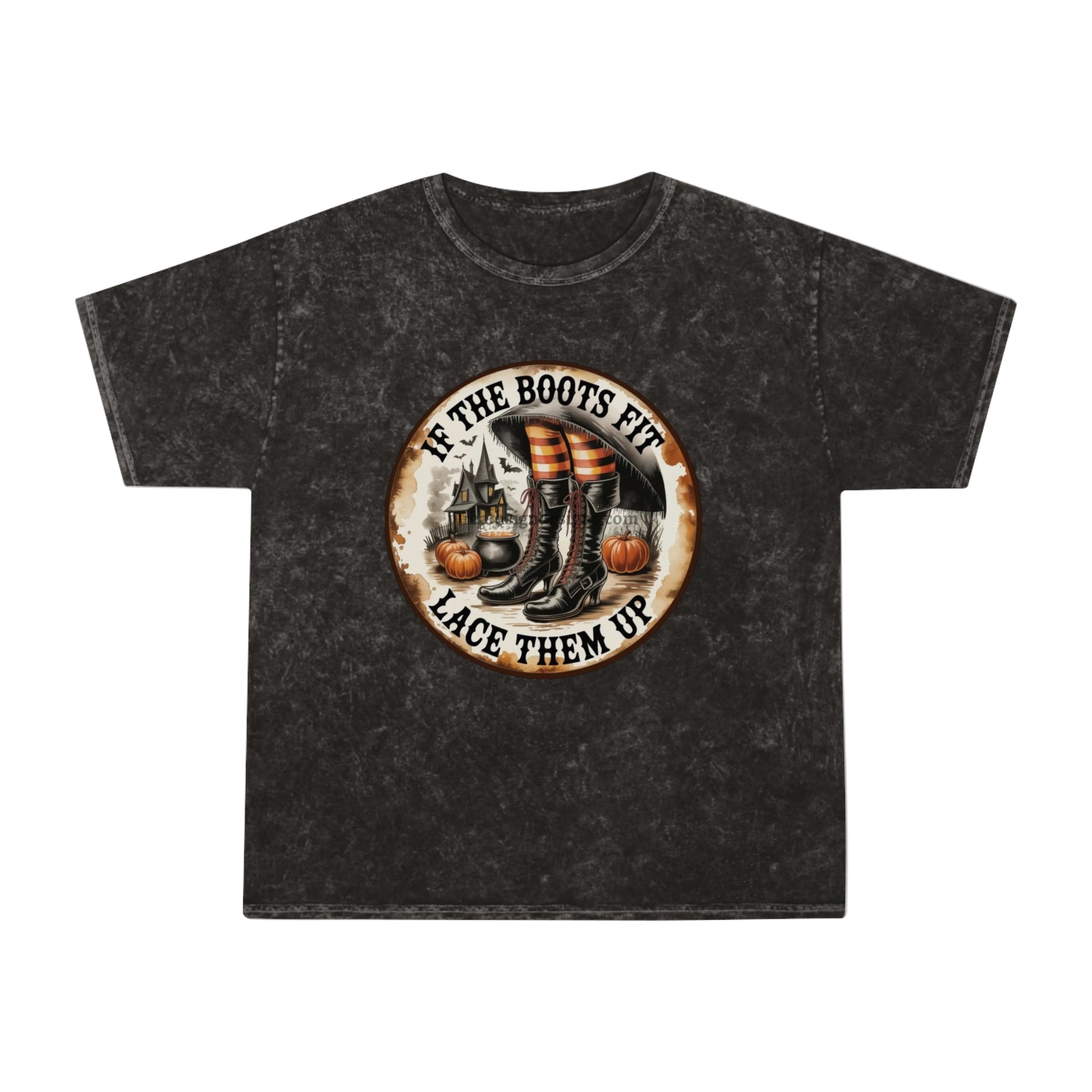 Halloween Vintage Unisex Mineral Wash T-Shirt, If the Boots Fit, Fall Tees, Witchy Attire, Harvest Celebrations, Spooky Season Apparel - Metamorphosis Creations
