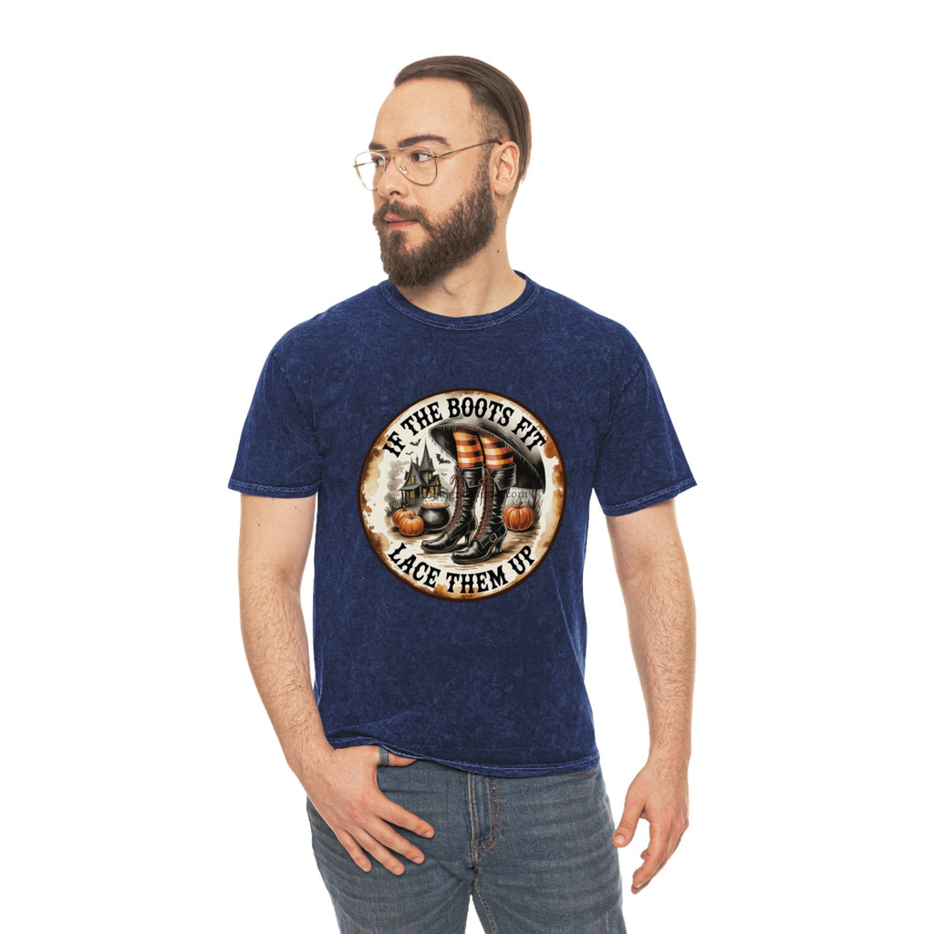 Halloween Vintage Unisex Mineral Wash T-Shirt, If the Boots Fit, Fall Tees, Witchy Attire, Harvest Celebrations, Spooky Season Apparel - Metamorphosis Creations