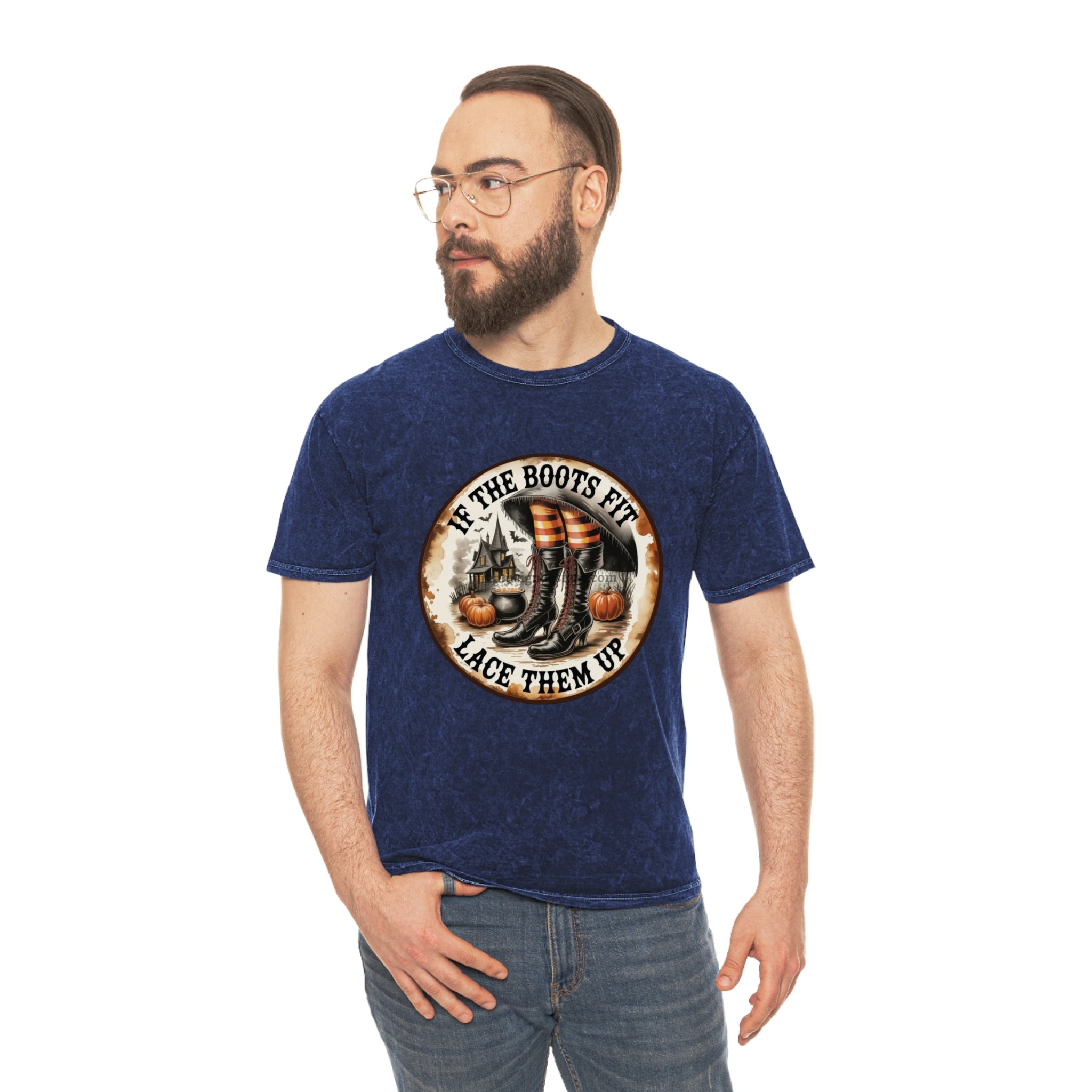 Halloween Vintage Unisex Mineral Wash T-Shirt, If the Boots Fit, Fall Tees, Witchy Attire, Harvest Celebrations, Spooky Season Apparel - Metamorphosis Creations