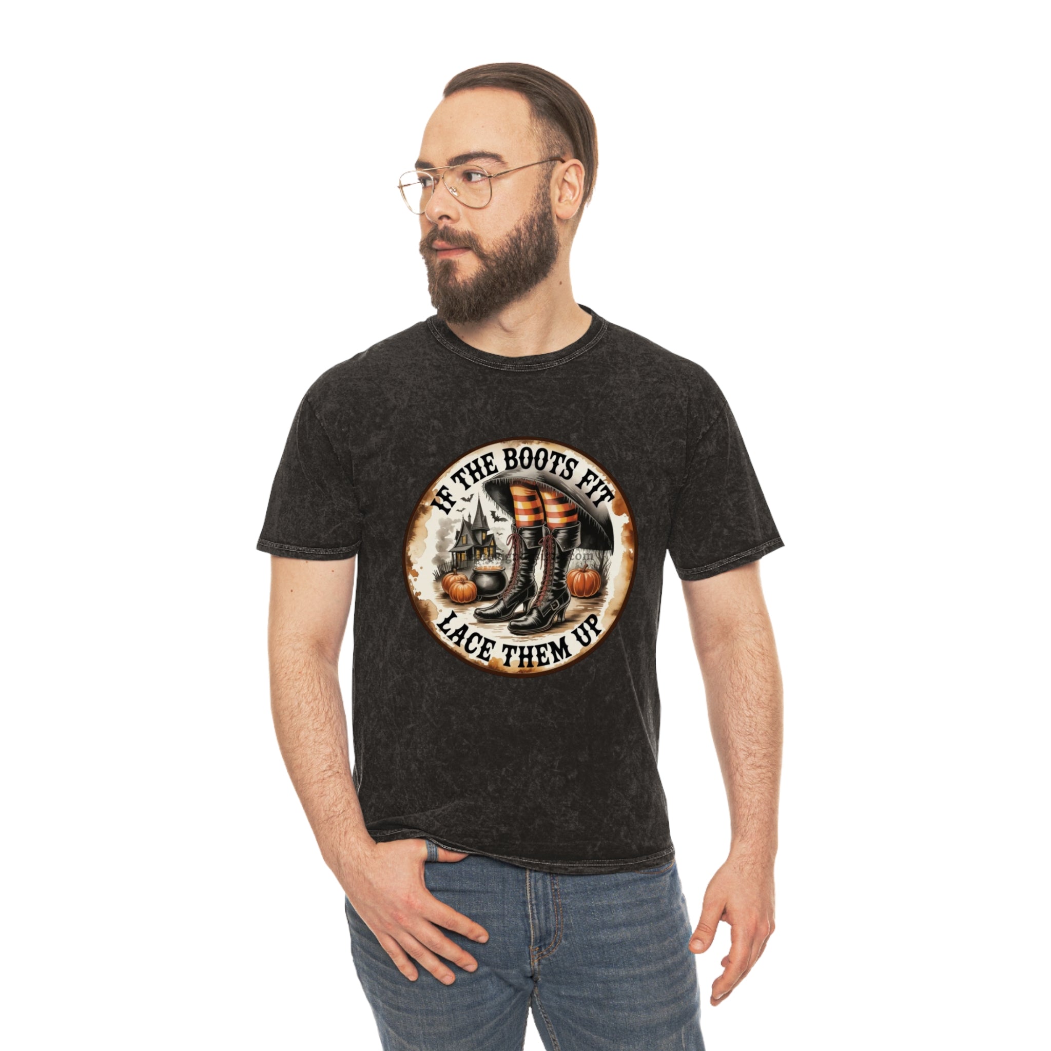 Halloween Vintage Unisex Mineral Wash T-Shirt, If the Boots Fit, Fall Tees, Witchy Attire, Harvest Celebrations, Spooky Season Apparel - Metamorphosis Creations