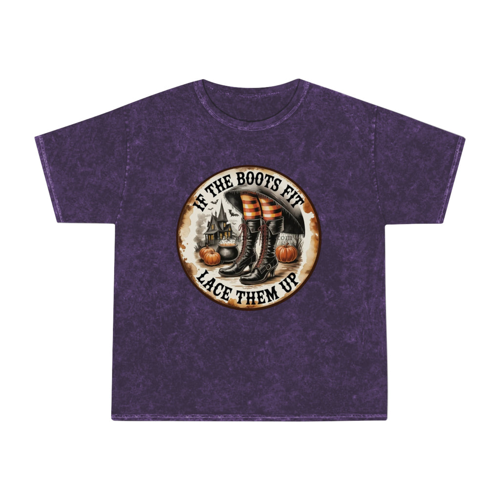 Halloween Vintage Unisex Mineral Wash T-Shirt, If the Boots Fit, Fall Tees, Witchy Attire, Harvest Celebrations, Spooky Season Apparel - Metamorphosis Creations