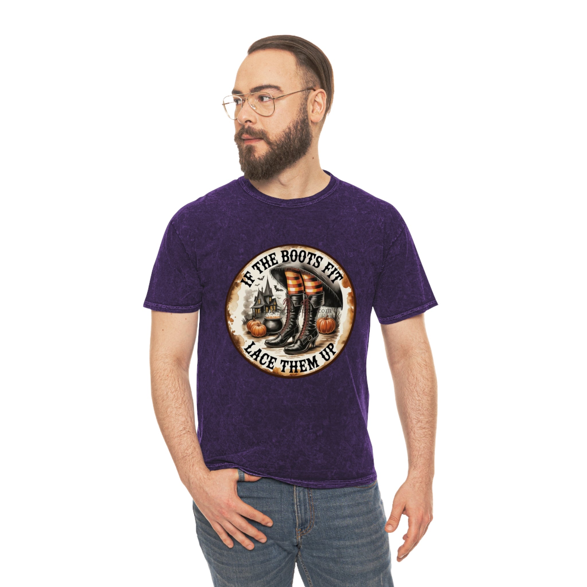 Halloween Vintage Unisex Mineral Wash T-Shirt, If the Boots Fit, Fall Tees, Witchy Attire, Harvest Celebrations, Spooky Season Apparel - Metamorphosis Creations