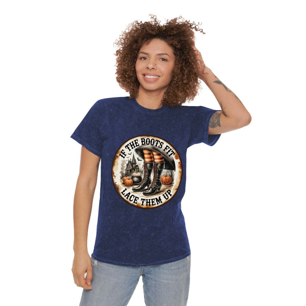 Halloween Vintage Unisex Mineral Wash T-Shirt, If the Boots Fit, Fall Tees, Witchy Attire, Harvest Celebrations, Spooky Season Apparel - Metamorphosis Creations