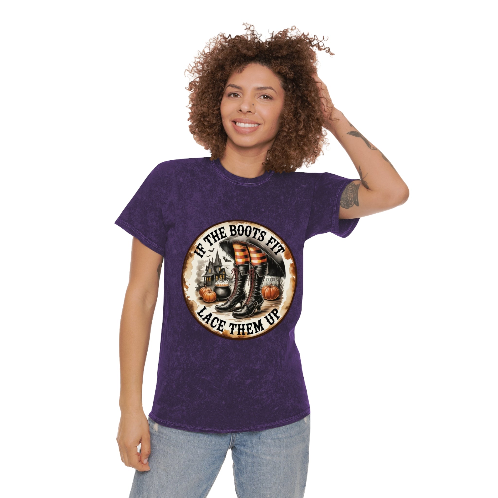 Halloween Vintage Unisex Mineral Wash T-Shirt, If the Boots Fit, Fall Tees, Witchy Attire, Harvest Celebrations, Spooky Season Apparel - Metamorphosis Creations
