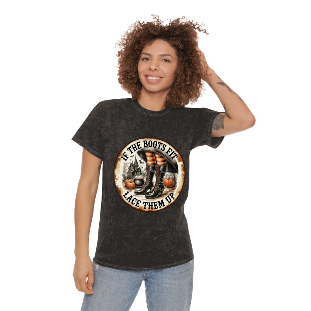 Halloween Vintage Unisex Mineral Wash T-Shirt, If the Boots Fit, Fall Tees, Witchy Attire, Harvest Celebrations, Spooky Season Apparel - Metamorphosis Creations