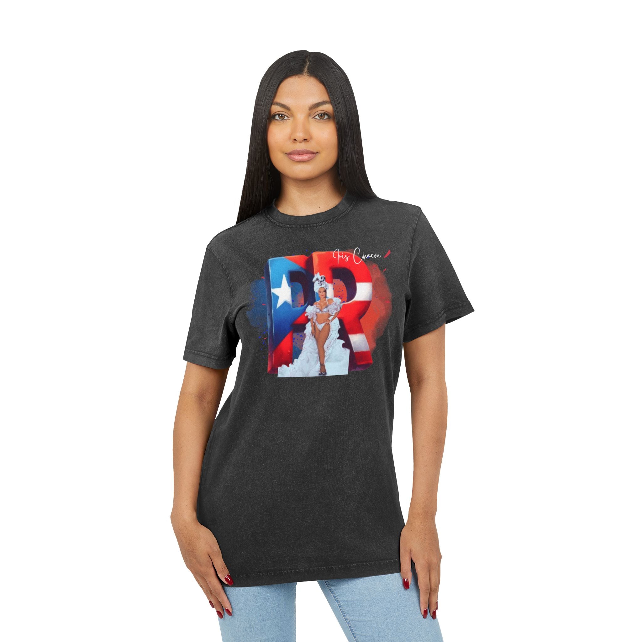 Iris Chacon Orgullo Boricua Acid Washed Round Neck Tee - Vibrant Graphic Tee, Unisex Casual Shirt, Stylish Summer Top, Great Gift for Fashion Lovers, Perfect for [...] - Metamorphosis Creations