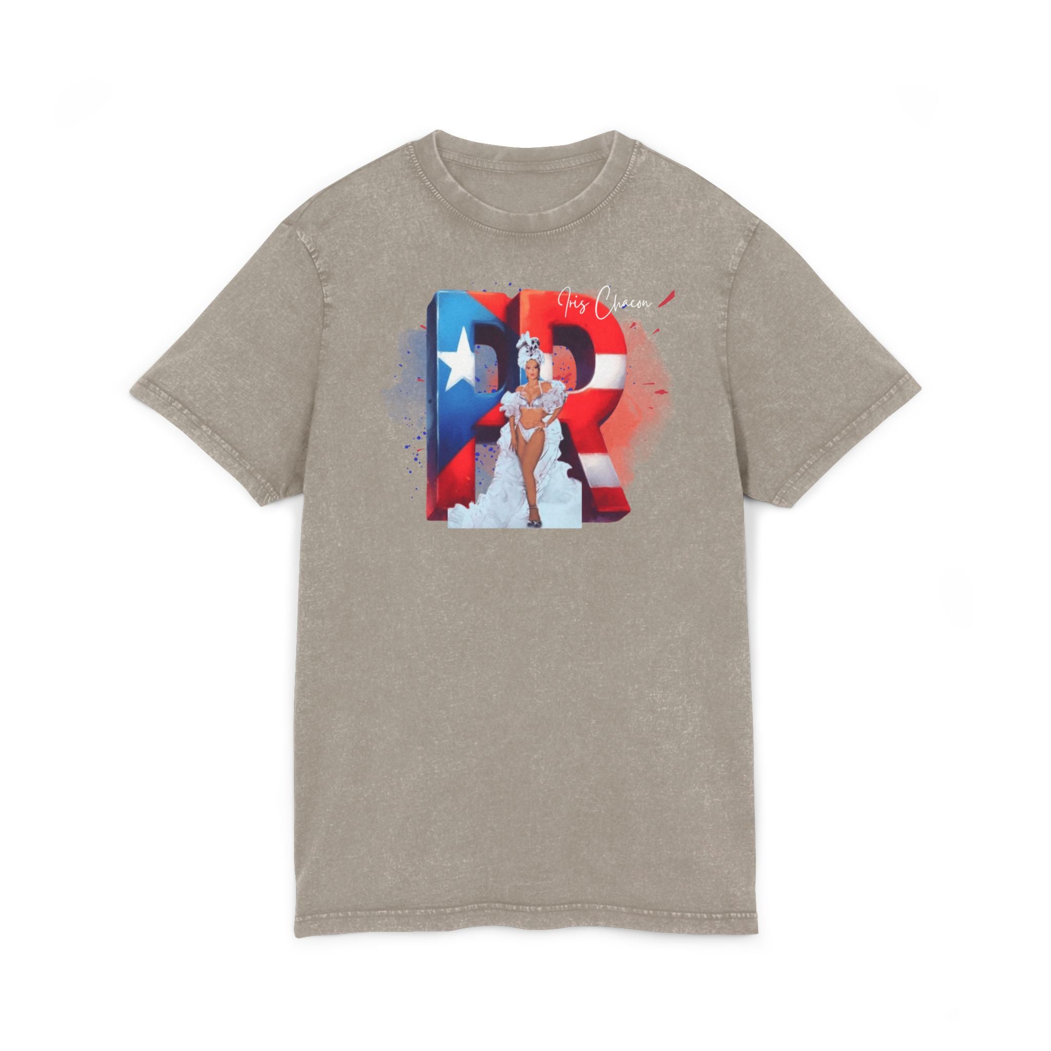 Iris Chacon Orgullo Boricua Acid Washed Round Neck Tee - Vibrant Graphic Tee, Unisex Casual Shirt, Stylish Summer Top, Great Gift for Fashion Lovers, Perfect for [...] - Metamorphosis Creations