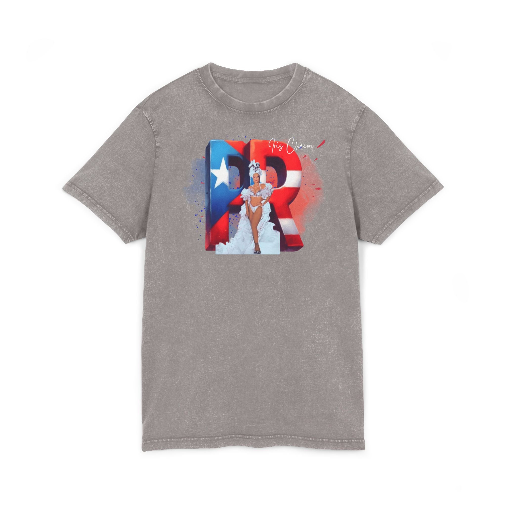 Iris Chacon Orgullo Boricua Acid Washed Round Neck Tee - Vibrant Graphic Tee, Unisex Casual Shirt, Stylish Summer Top, Great Gift for Fashion Lovers, Perfect for [...] - Metamorphosis Creations