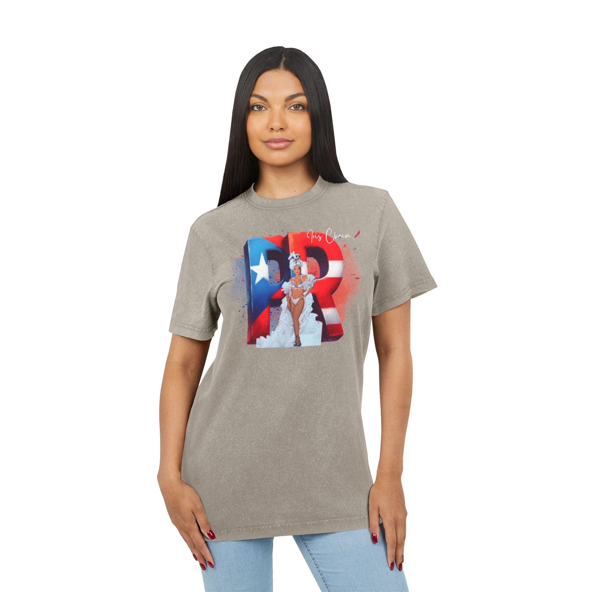 Iris Chacon Orgullo Boricua Acid Washed Round Neck Tee - Vibrant Graphic Tee, Unisex Casual Shirt, Stylish Summer Top, Great Gift for Fashion Lovers, Perfect for [...] - Metamorphosis Creations