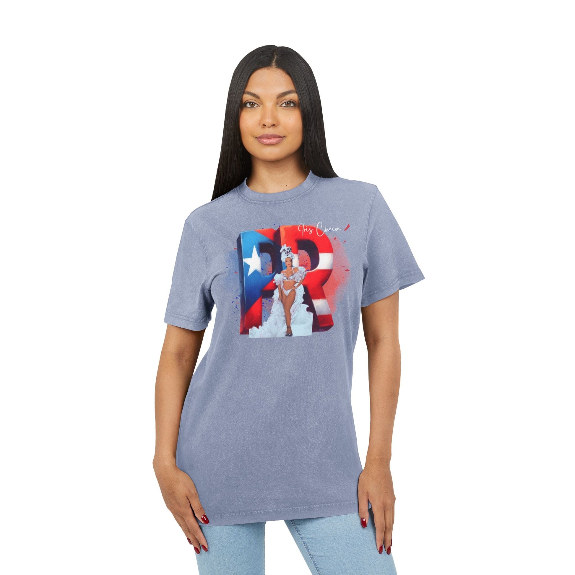 Iris Chacon Orgullo Boricua Acid Washed Round Neck Tee - Vibrant Graphic Tee, Unisex Casual Shirt, Stylish Summer Top, Great Gift for Fashion Lovers, Perfect for [...] - Metamorphosis Creations