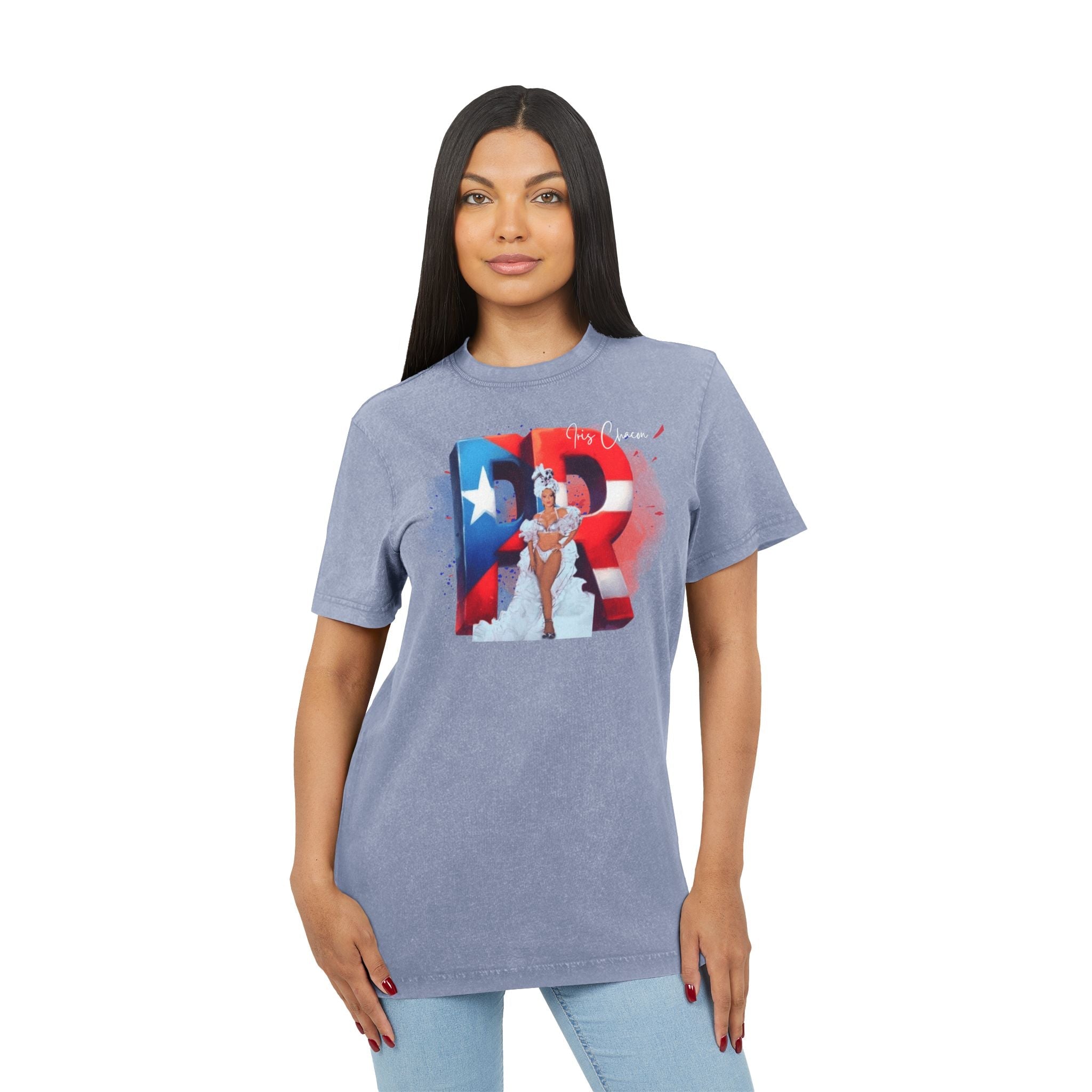 Iris Chacon Orgullo Boricua Acid Washed Round Neck Tee - Vibrant Graphic Tee, Unisex Casual Shirt, Stylish Summer Top, Great Gift for Fashion Lovers, Perfect for [...] - Metamorphosis Creations