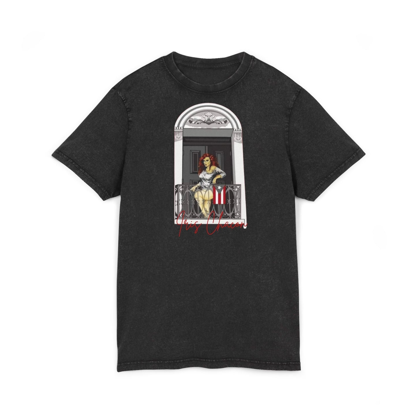 Iris Chacon Orgullo Boricua Chic Acid Washed Tee featuring Balcony Art, Stylish Casual T-Shirt, Graphic Tee for Art Lovers, Cozy Summer Top, - Metamorphosis Creations