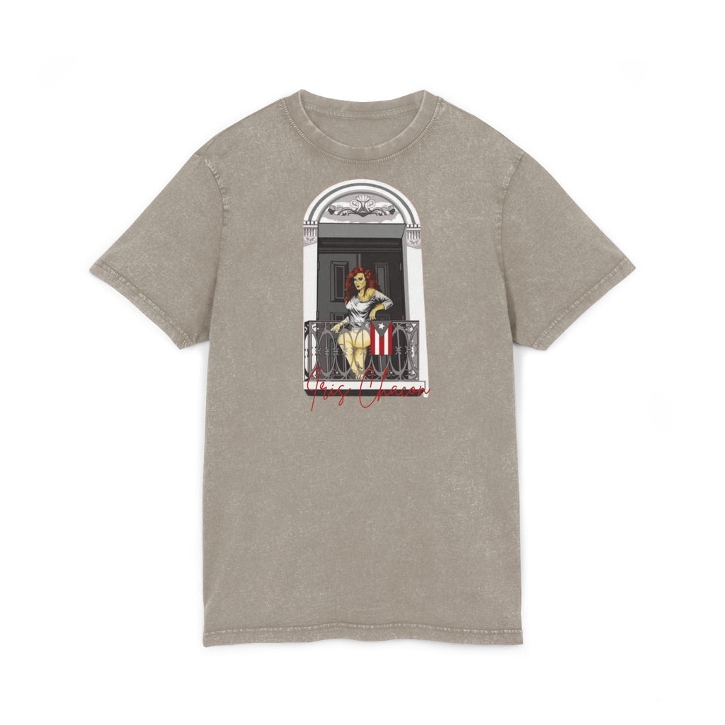 Iris Chacon Orgullo Boricua Chic Acid Washed Tee featuring Balcony Art, Stylish Casual T-Shirt, Graphic Tee for Art Lovers, Cozy Summer Top, - Metamorphosis Creations