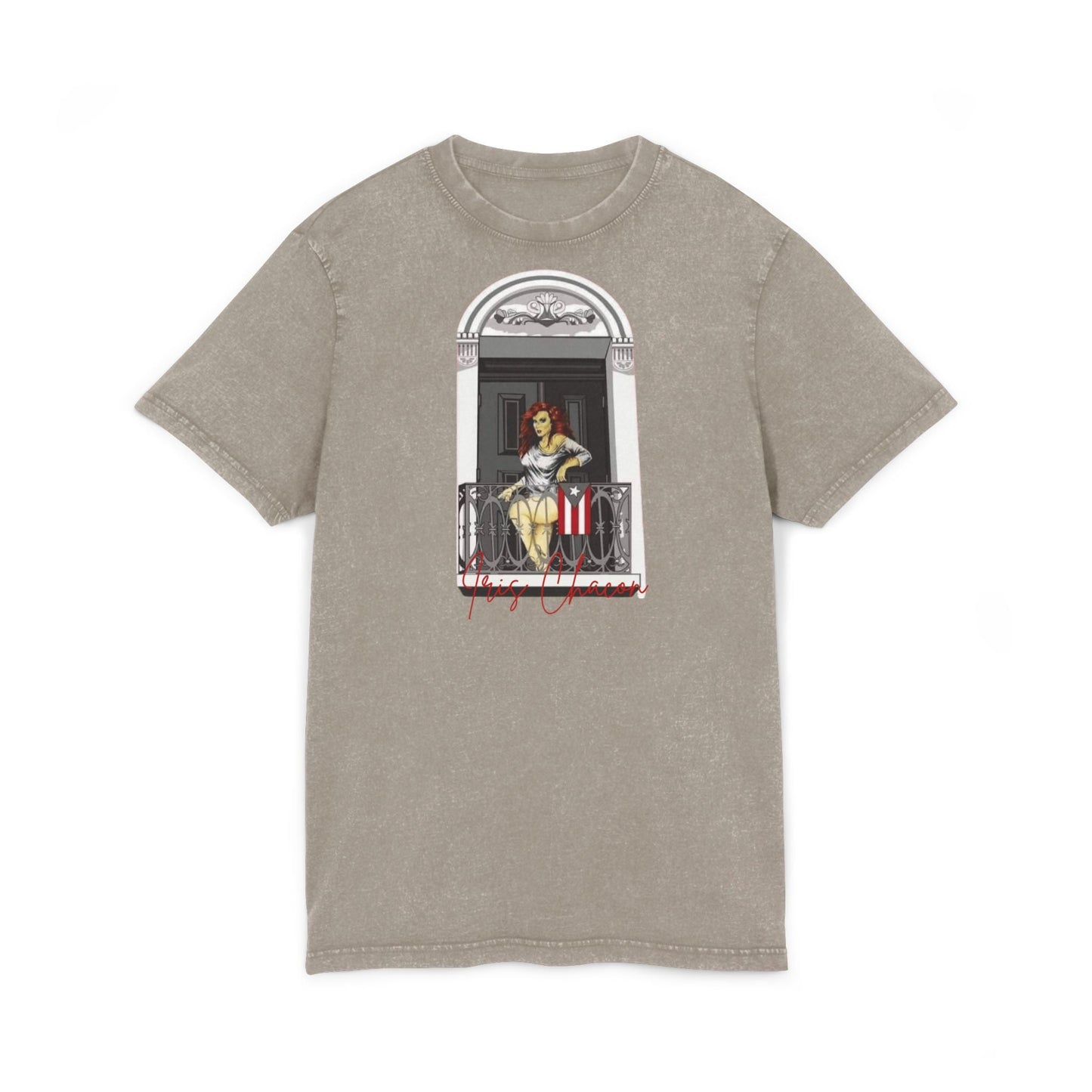 Iris Chacon Orgullo Boricua Chic Acid Washed Tee featuring Balcony Art, Stylish Casual T-Shirt, Graphic Tee for Art Lovers, Cozy Summer Top, - Metamorphosis Creations