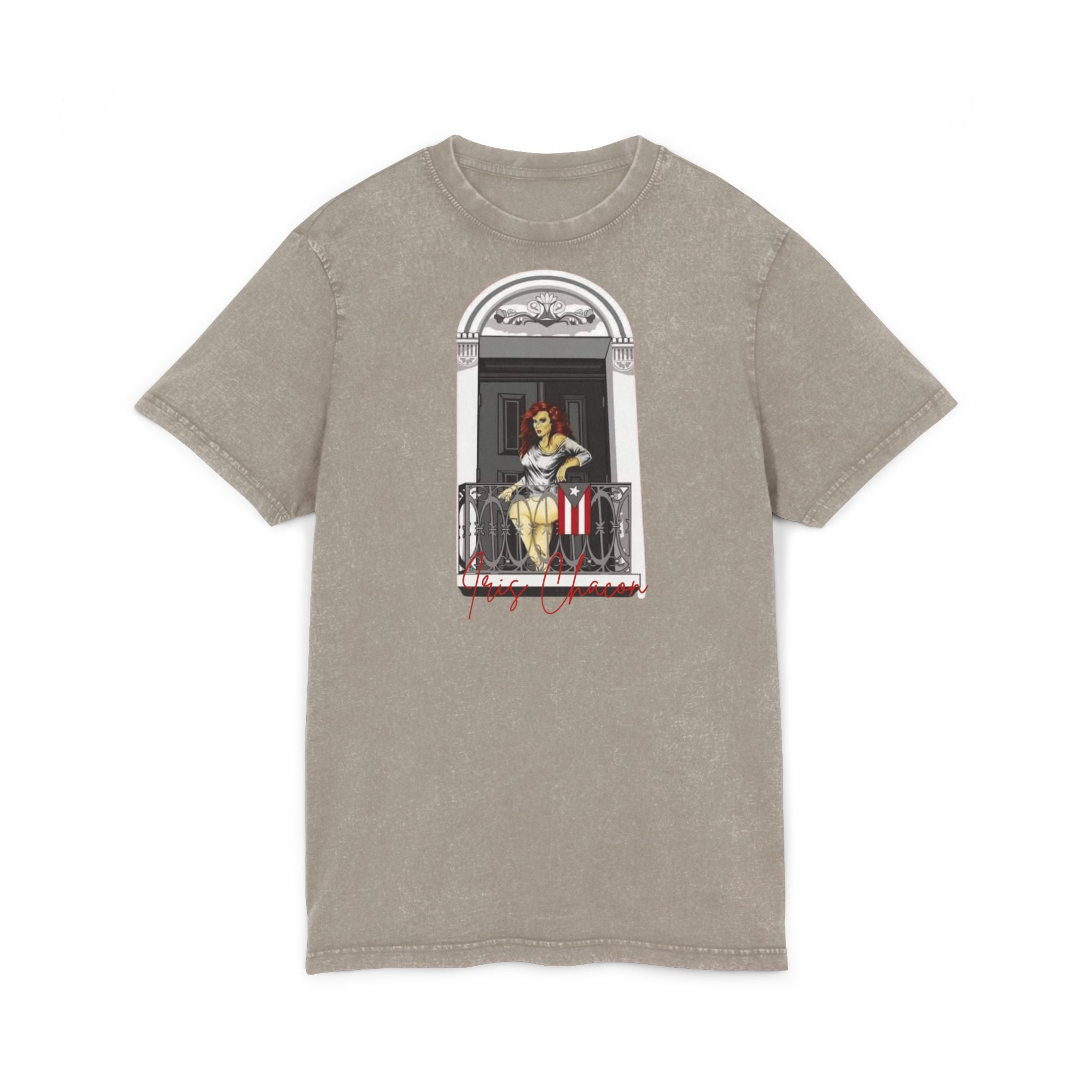 Iris Chacon Orgullo Boricua Chic Acid Washed Tee featuring Balcony Art, Stylish Casual T-Shirt, Graphic Tee for Art Lovers, Cozy Summer Top, - Metamorphosis Creations