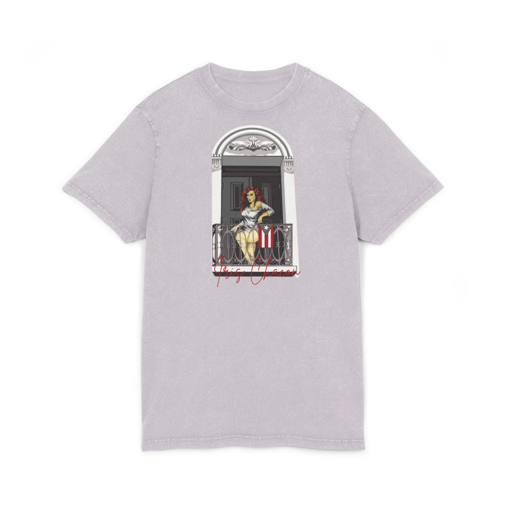 Iris Chacon Orgullo Boricua Chic Acid Washed Tee featuring Balcony Art, Stylish Casual T-Shirt, Graphic Tee for Art Lovers, Cozy Summer Top, - Metamorphosis Creations