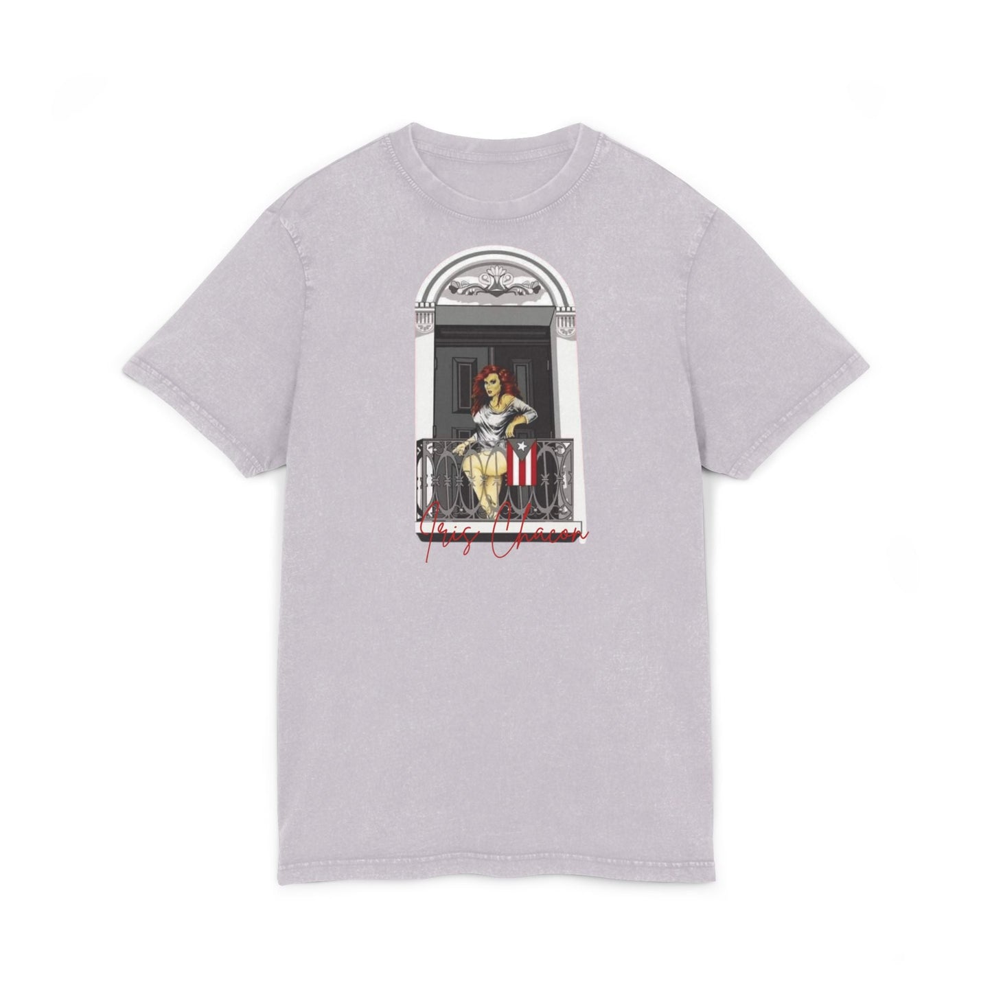 Iris Chacon Orgullo Boricua Chic Acid Washed Tee featuring Balcony Art, Stylish Casual T-Shirt, Graphic Tee for Art Lovers, Cozy Summer Top, - Metamorphosis Creations
