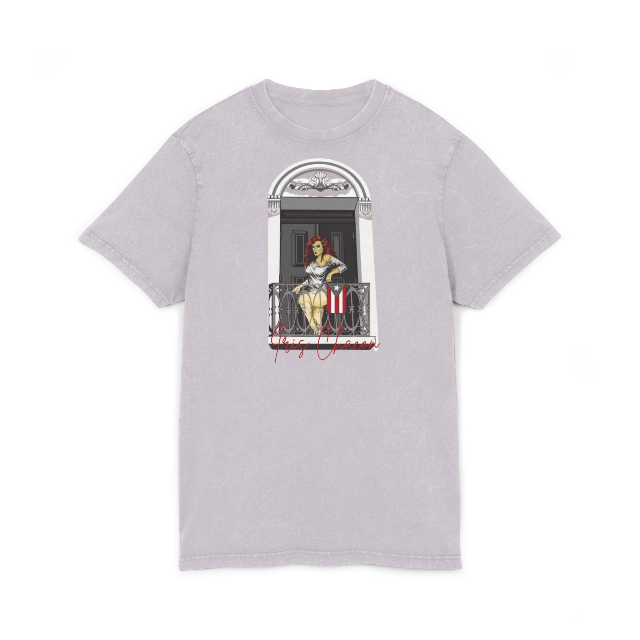Iris Chacon Orgullo Boricua Chic Acid Washed Tee featuring Balcony Art, Stylish Casual T-Shirt, Graphic Tee for Art Lovers, Cozy Summer Top, - Metamorphosis Creations