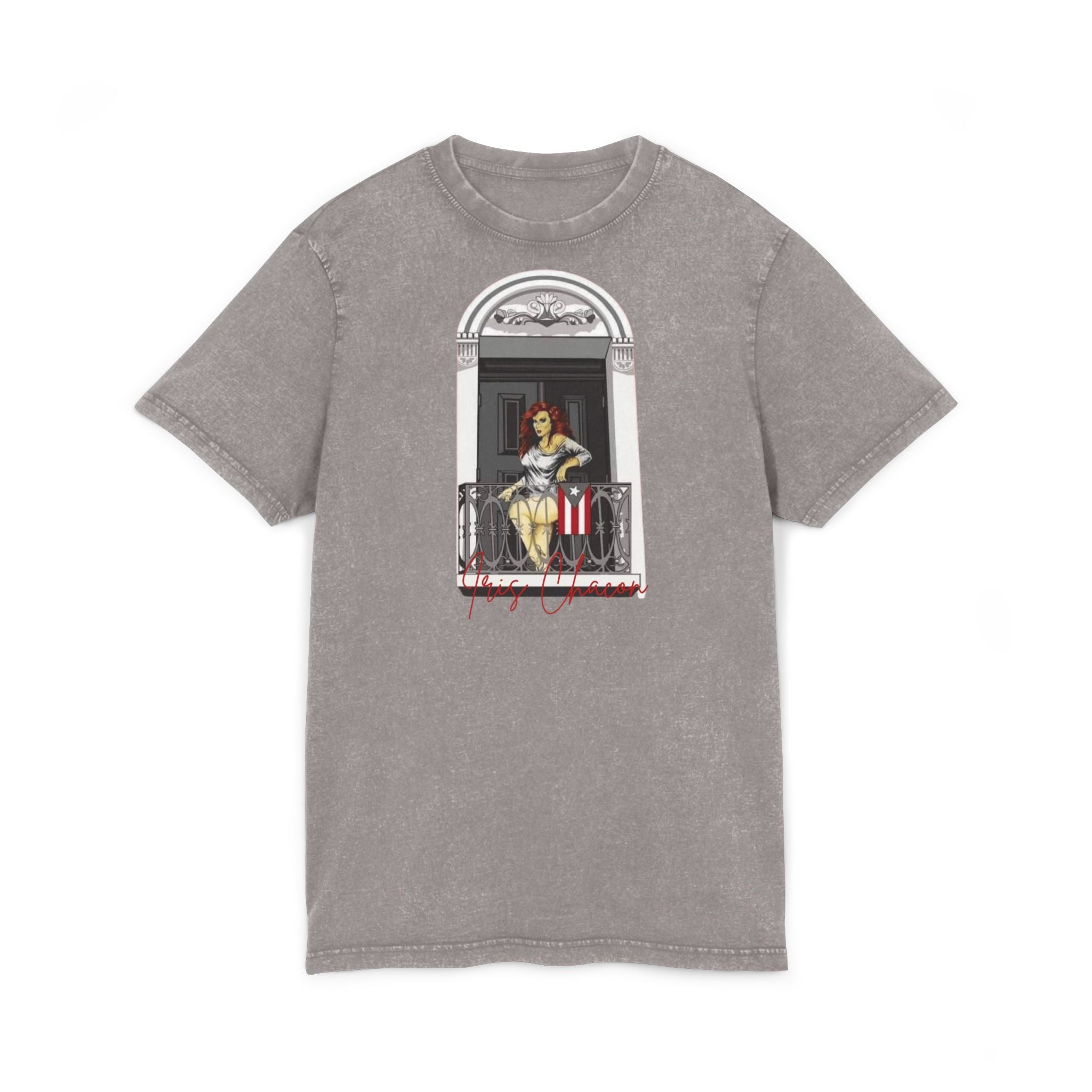 Iris Chacon Orgullo Boricua Chic Acid Washed Tee featuring Balcony Art, Stylish Casual T-Shirt, Graphic Tee for Art Lovers, Cozy Summer Top, - Metamorphosis Creations