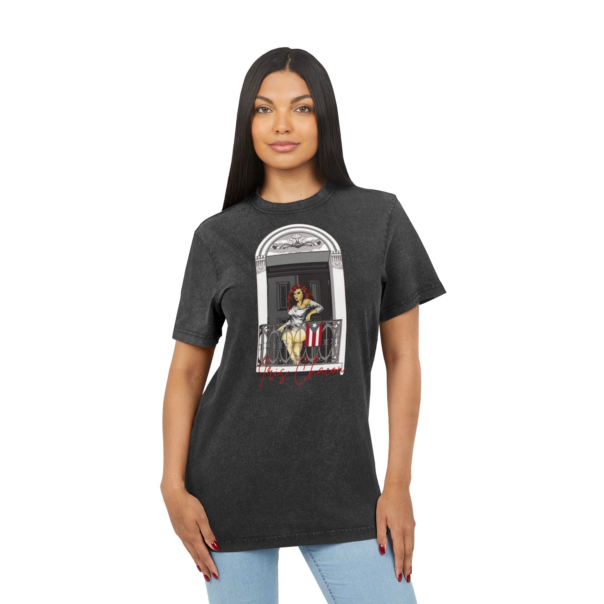 Iris Chacon Orgullo Boricua Chic Acid Washed Tee featuring Balcony Art, Stylish Casual T-Shirt, Graphic Tee for Art Lovers, Cozy Summer Top, - Metamorphosis Creations