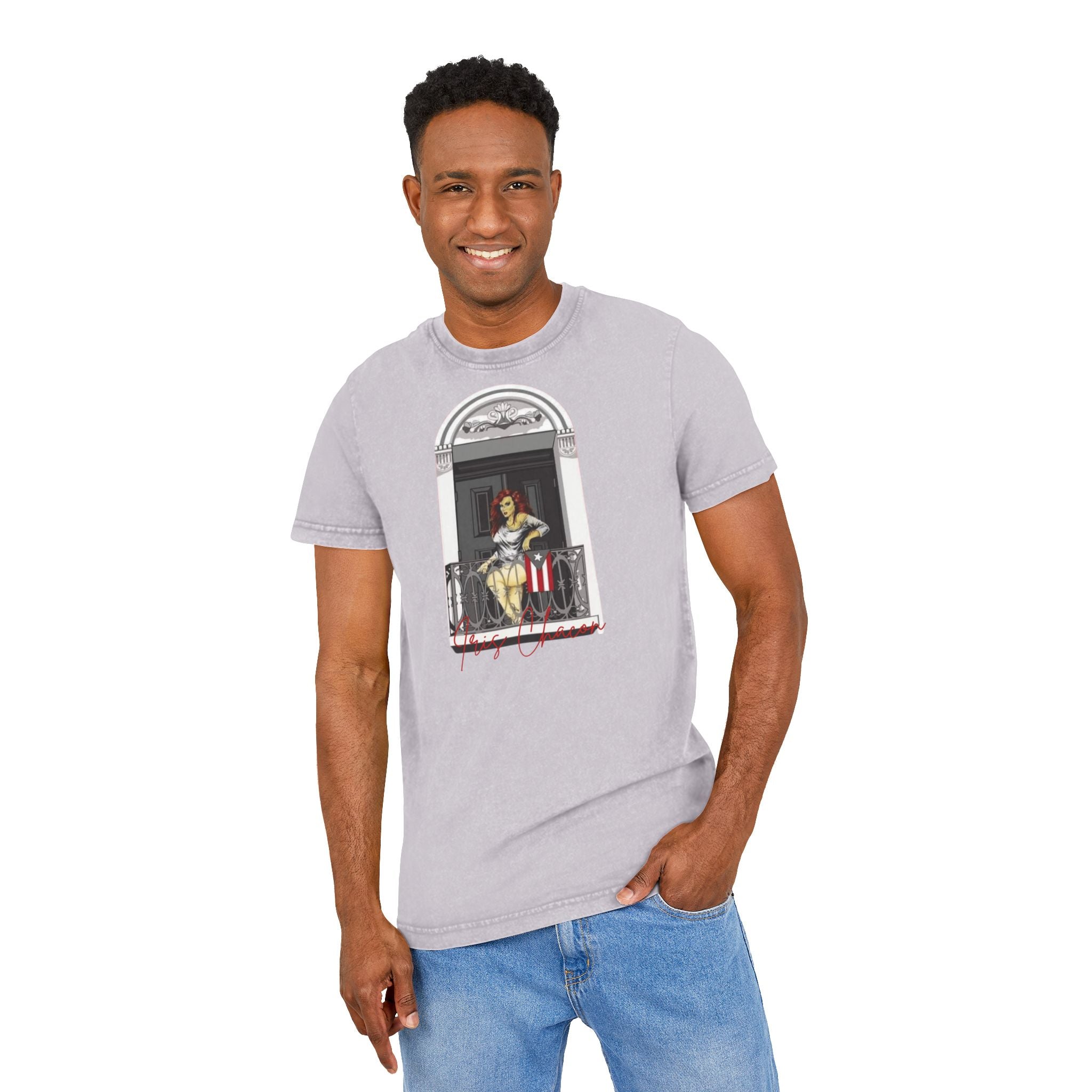 Iris Chacon Orgullo Boricua Chic Acid Washed Tee featuring Balcony Art, Stylish Casual T-Shirt, Graphic Tee for Art Lovers, Cozy Summer Top, - Metamorphosis Creations