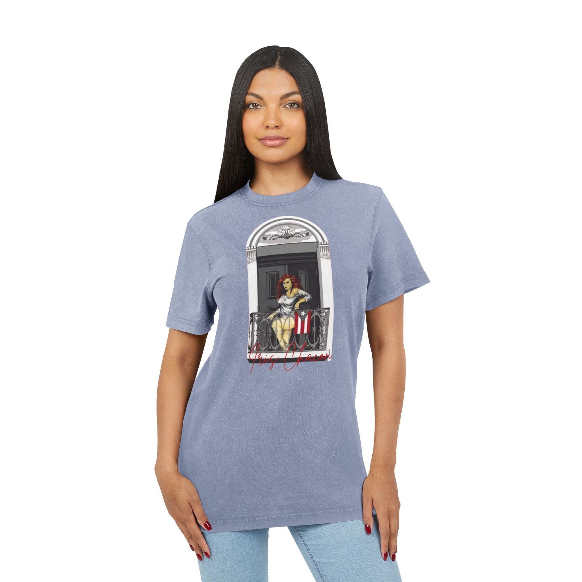Iris Chacon Orgullo Boricua Chic Acid Washed Tee featuring Balcony Art, Stylish Casual T-Shirt, Graphic Tee for Art Lovers, Cozy Summer Top, - Metamorphosis Creations