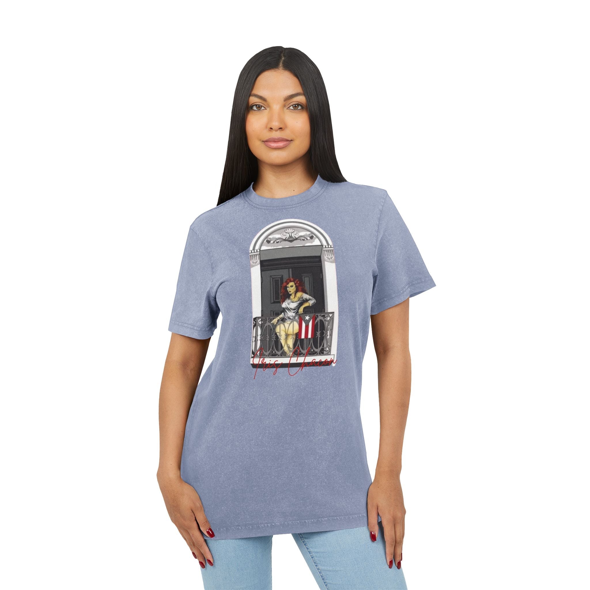 Iris Chacon Orgullo Boricua Chic Acid Washed Tee featuring Balcony Art, Stylish Casual T-Shirt, Graphic Tee for Art Lovers, Cozy Summer Top, - Metamorphosis Creations