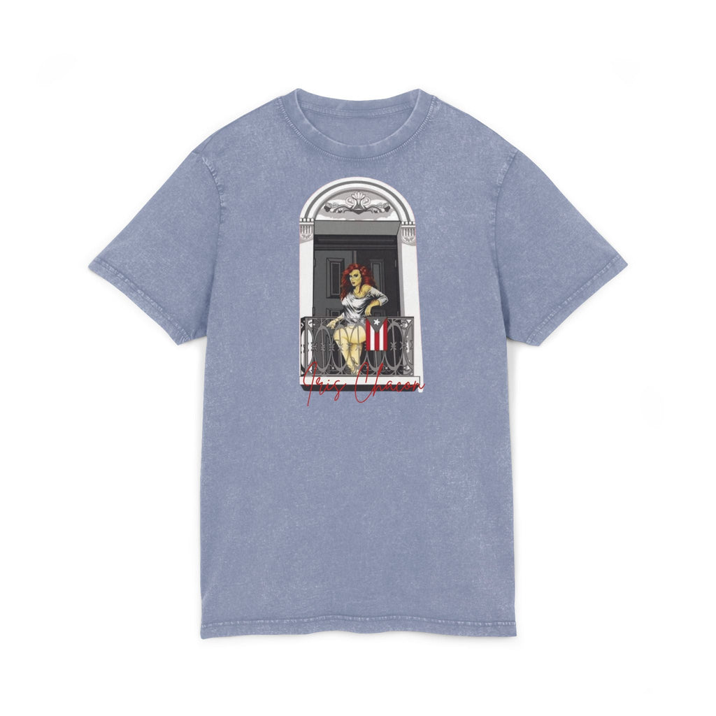 Iris Chacon Orgullo Boricua Chic Acid Washed Tee featuring Balcony Art, Stylish Casual T-Shirt, Graphic Tee for Art Lovers, Cozy Summer Top, - Metamorphosis Creations