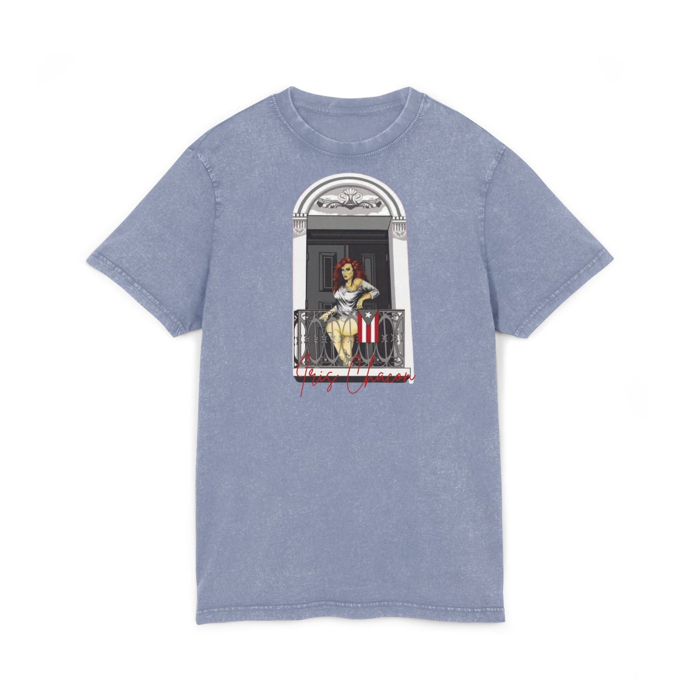 Iris Chacon Orgullo Boricua Chic Acid Washed Tee featuring Balcony Art, Stylish Casual T-Shirt, Graphic Tee for Art Lovers, Cozy Summer Top, - Metamorphosis Creations