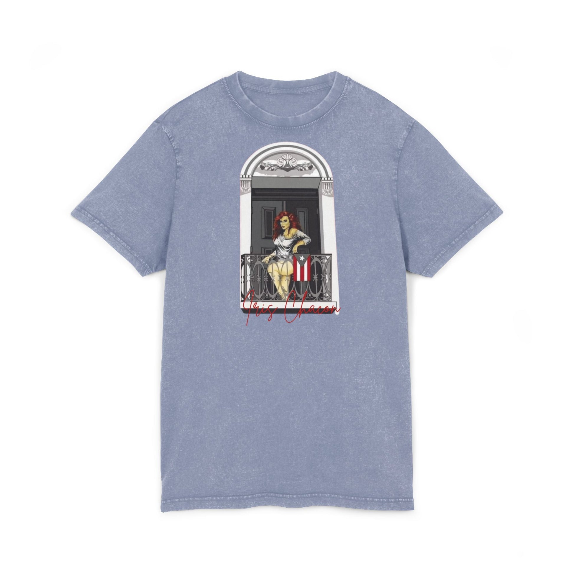 Iris Chacon Orgullo Boricua Chic Acid Washed Tee featuring Balcony Art, Stylish Casual T-Shirt, Graphic Tee for Art Lovers, Cozy Summer Top, - Metamorphosis Creations