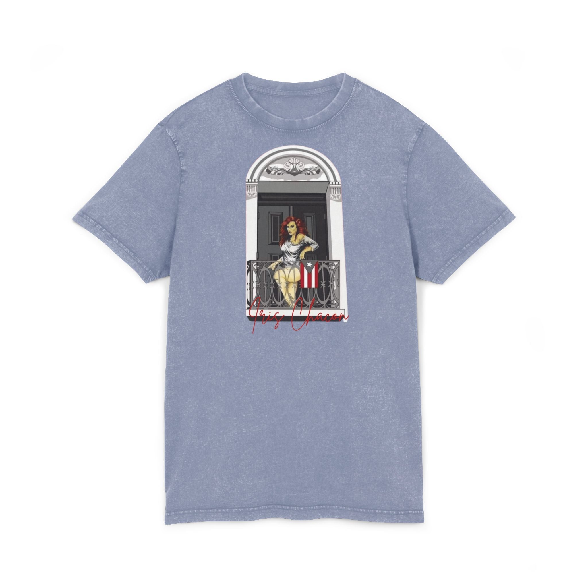Iris Chacon Orgullo Boricua Chic Acid Washed Tee featuring Balcony Art, Stylish Casual T-Shirt, Graphic Tee for Art Lovers, Cozy Summer Top, - Metamorphosis Creations