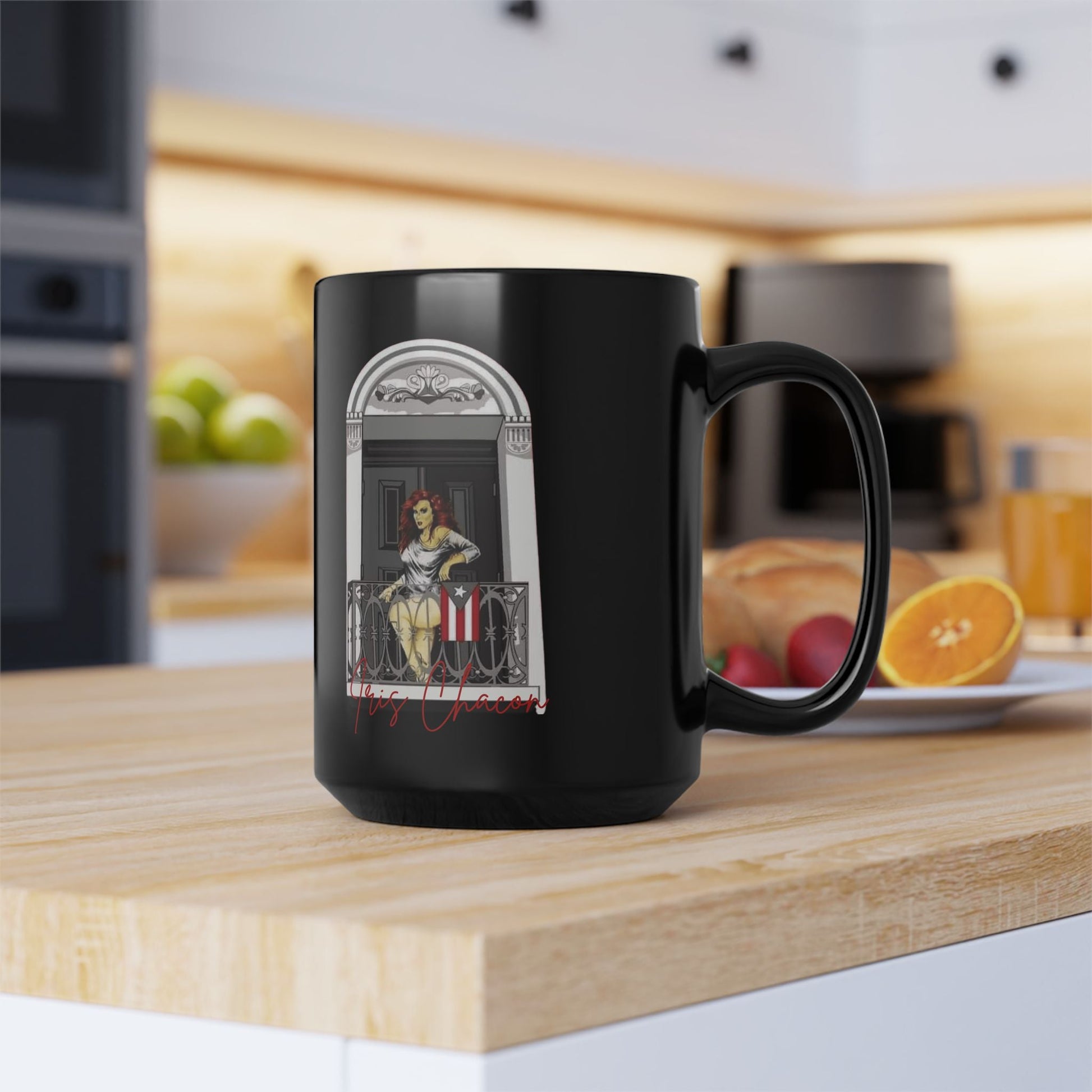 Iris Chacon Orgullo Boricua Chic Women's Coffee Mug, Stylish Black Cup, Gift for Her, Trendy Kitchen Decor, Perfect for Birthdays, - Metamorphosis Creations