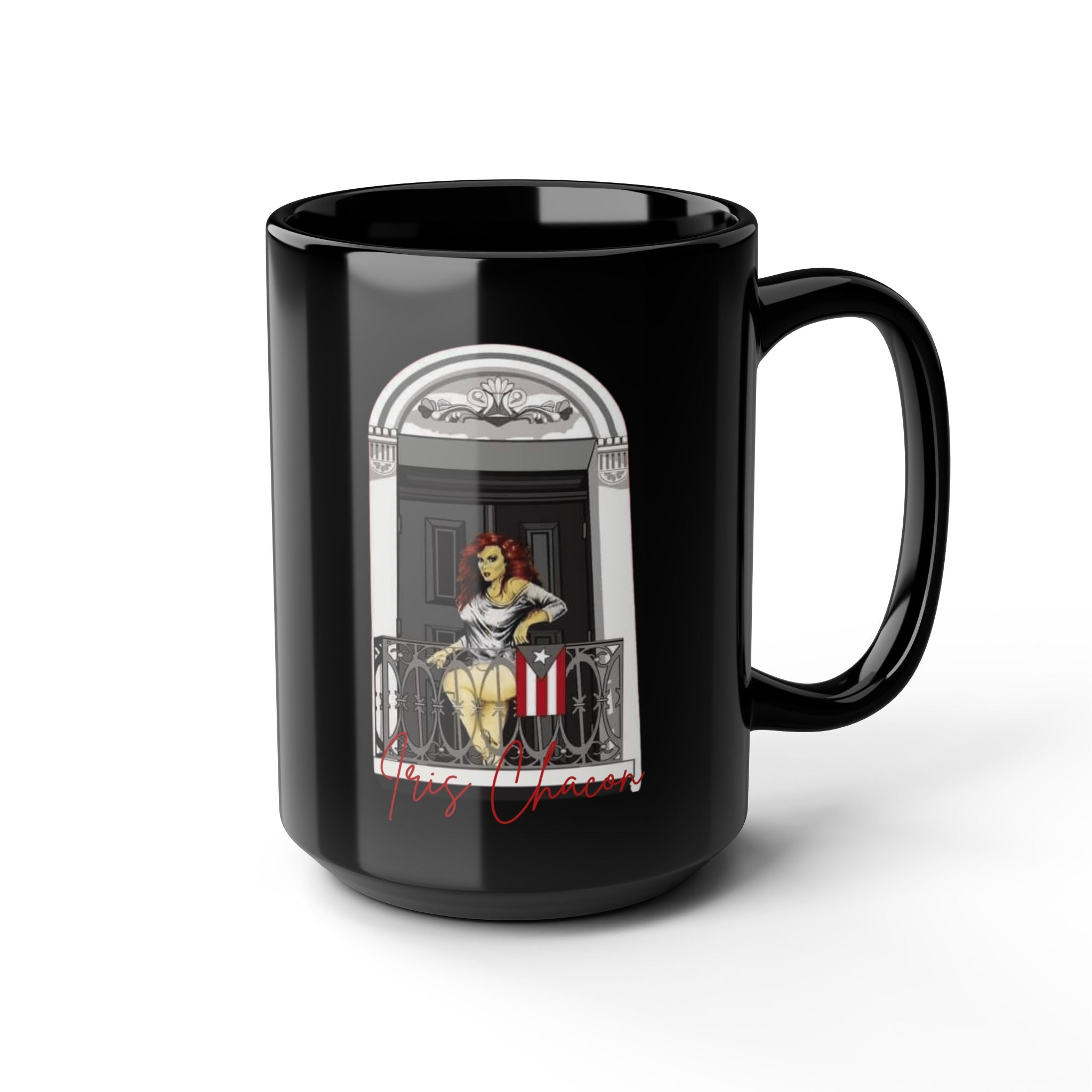 Iris Chacon Orgullo Boricua Chic Women's Coffee Mug, Stylish Black Cup, Gift for Her, Trendy Kitchen Decor, Perfect for Birthdays, - Metamorphosis Creations