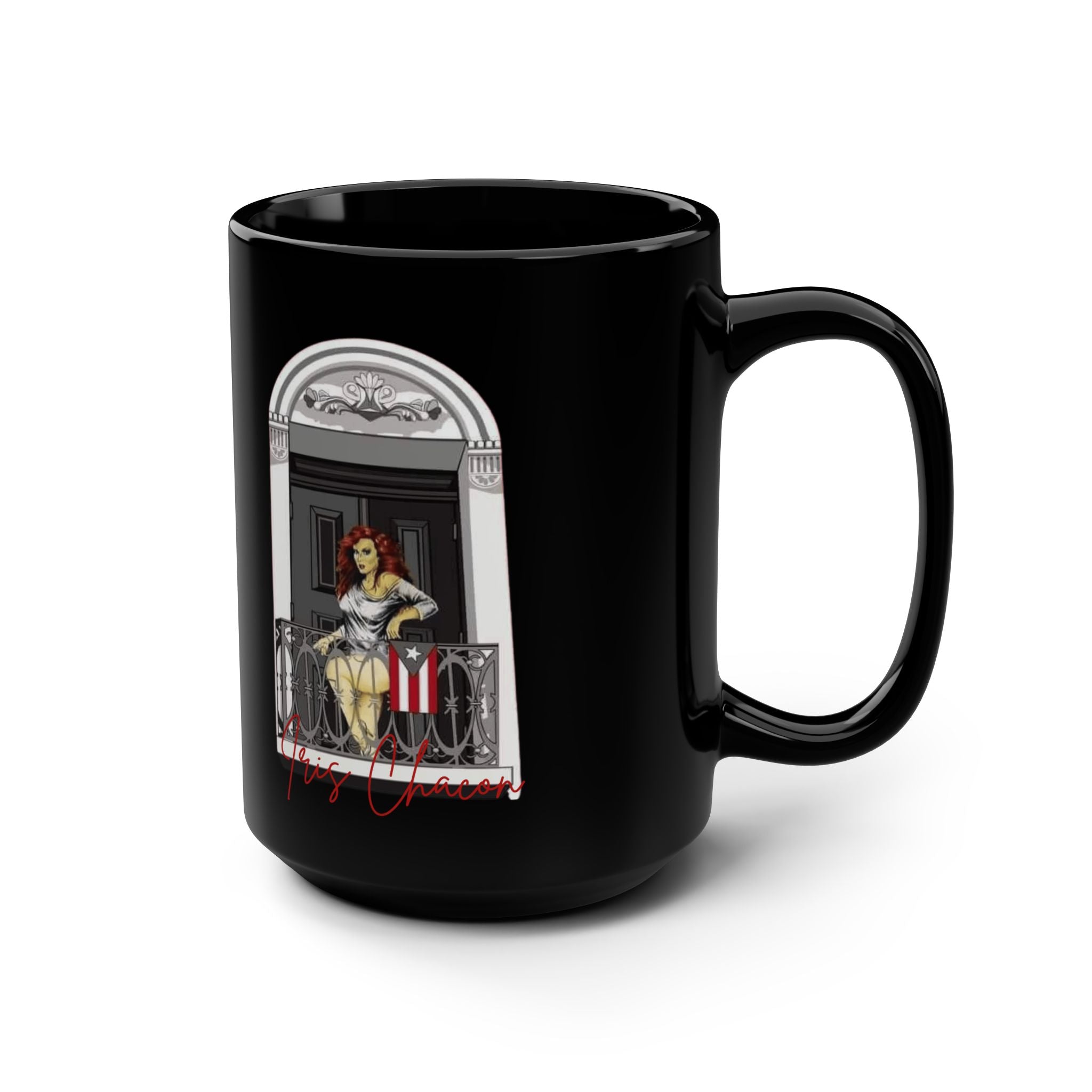Iris Chacon Orgullo Boricua Chic Women's Coffee Mug, Stylish Black Cup, Gift for Her, Trendy Kitchen Decor, Perfect for Birthdays, - Metamorphosis Creations