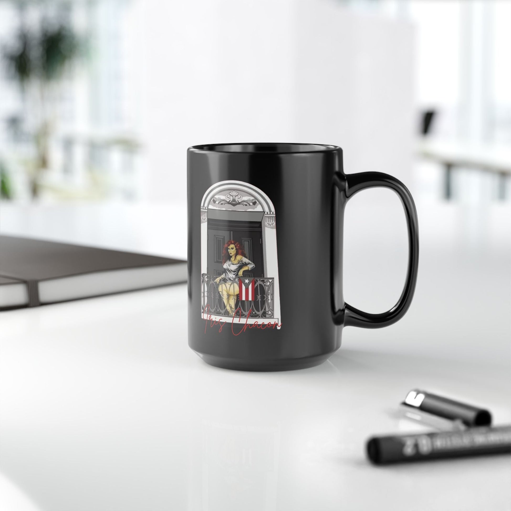 Iris Chacon Orgullo Boricua Chic Women's Coffee Mug, Stylish Black Cup, Gift for Her, Trendy Kitchen Decor, Perfect for Birthdays, - Metamorphosis Creations