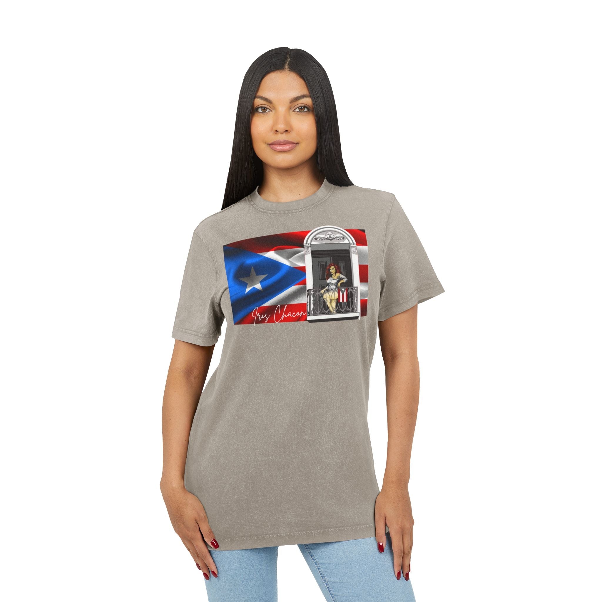 Iris Chacon Puerto Rico Patriotic Acid Washed Round Neck Tee, Vintage Style Shirt, Casual Wear, Independence Day Apparel, Gift for Music Lovers - Metamorphosis Creations