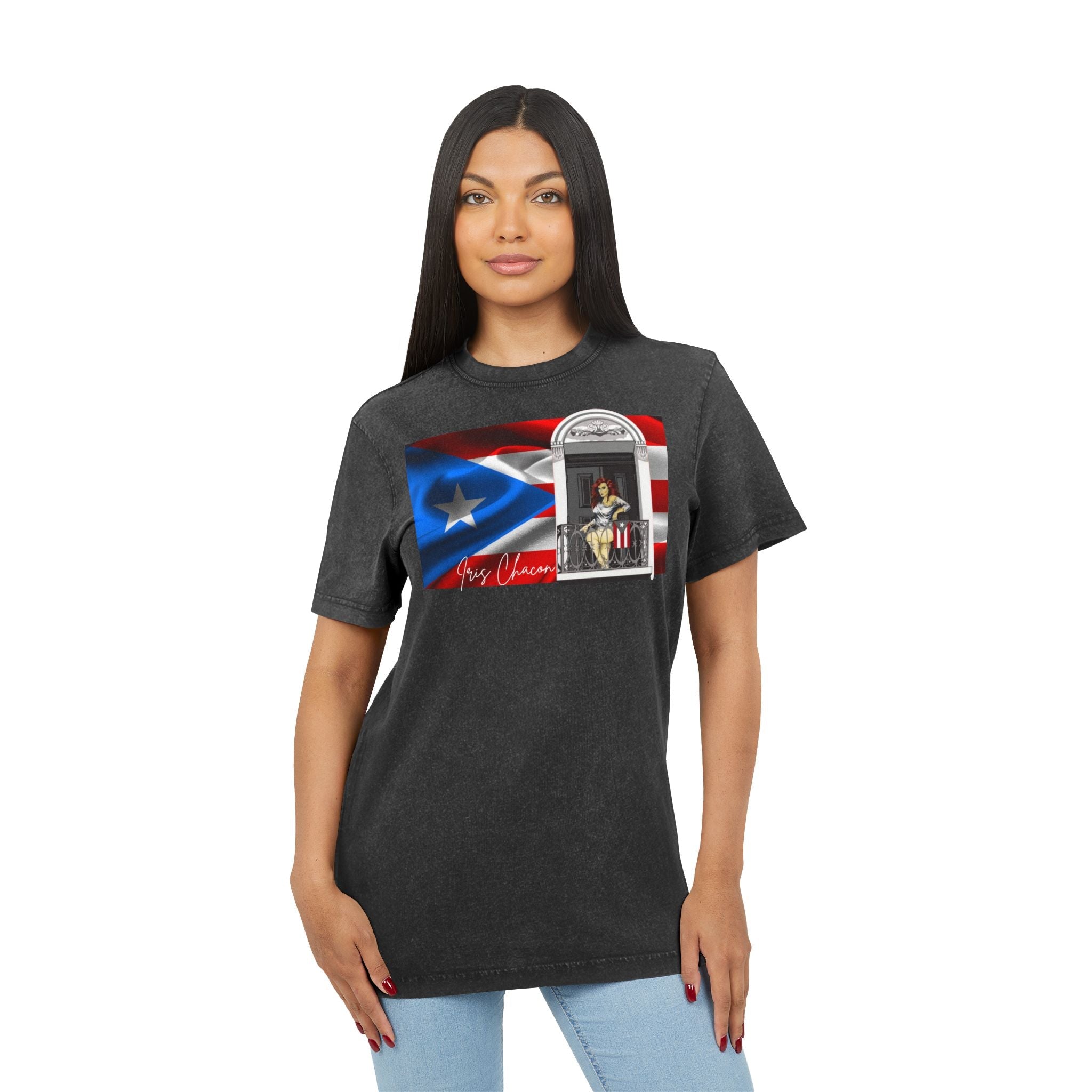 Iris Chacon Puerto Rico Patriotic Acid Washed Round Neck Tee, Vintage Style Shirt, Casual Wear, Independence Day Apparel, Gift for Music Lovers - Metamorphosis Creations